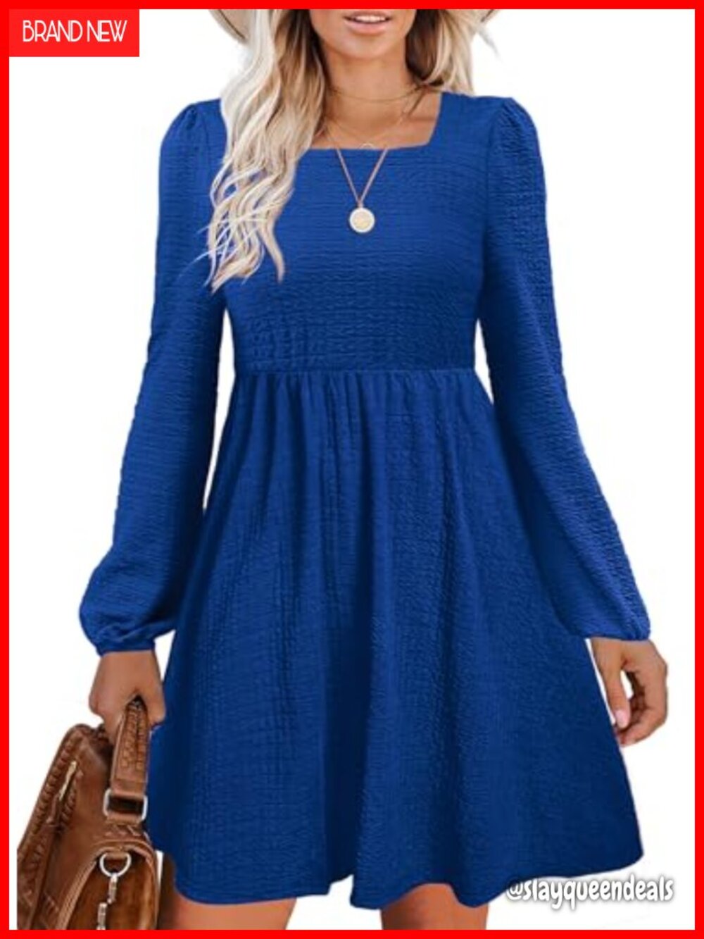 Doreyi Babydoll Dress Square Neck Long Sleeve Knee-Length Flowy Swing